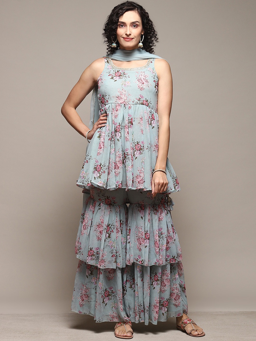 

Biba Floral Printed Sleeveless Kurta with Sharara & Dupatta, Sea green