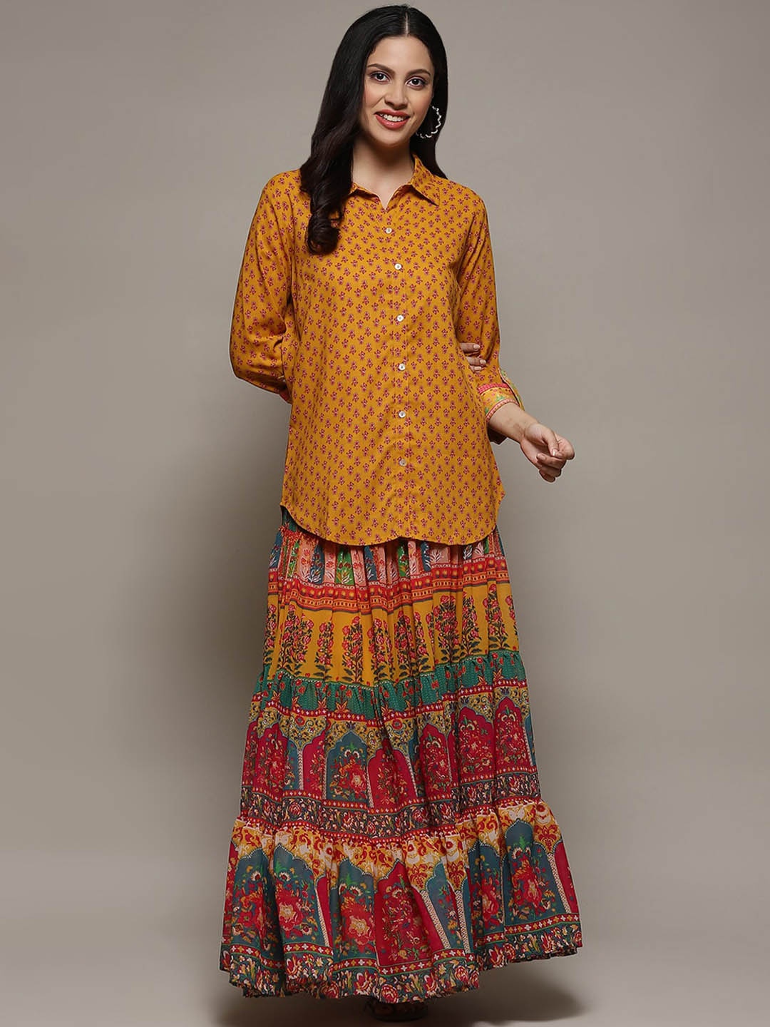 

Biba Floral Printed Ethnic Shirt with Skirt, Mustard