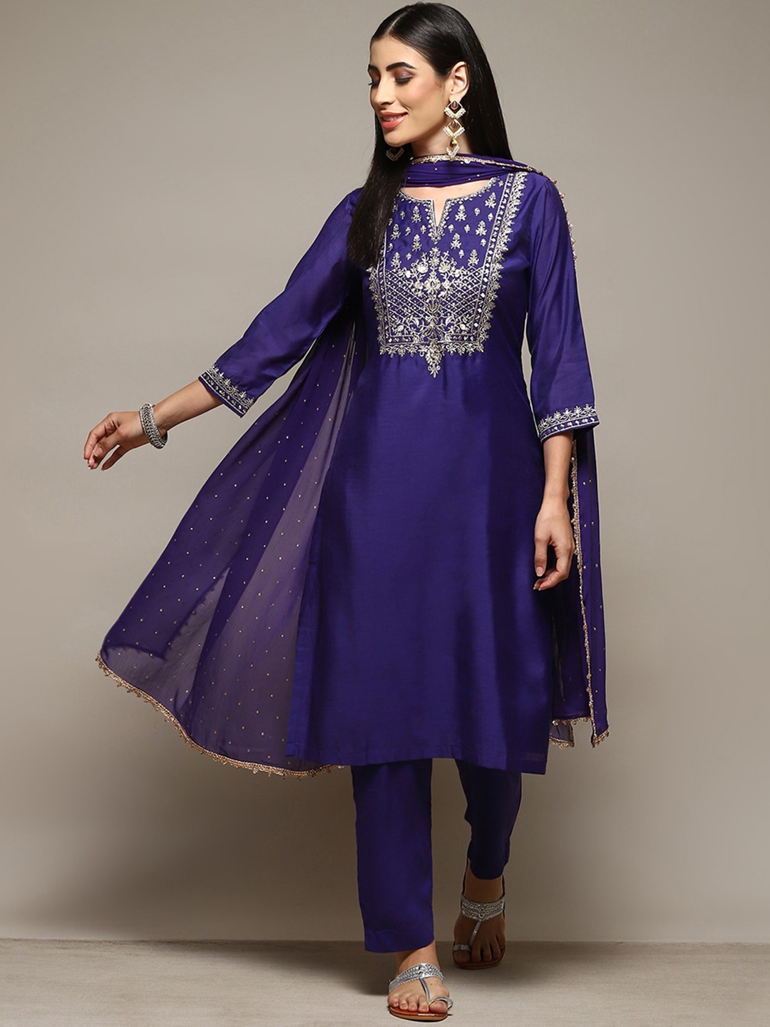 

Biba Floral Yoke Design Thread Work Straight Kurta with Trouser & Dupatta, Purple