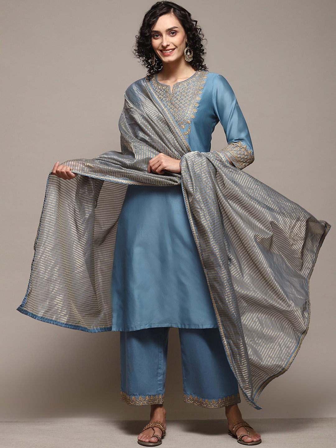 

Biba Floral Embroidered Straight Kurta & Trousers With Dupatta, Blue
