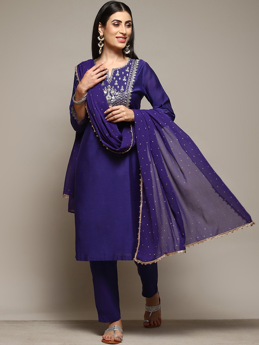 

Biba Floral Yoke Design Thread Work Straight Kurta with Trouser & Dupatta, Purple