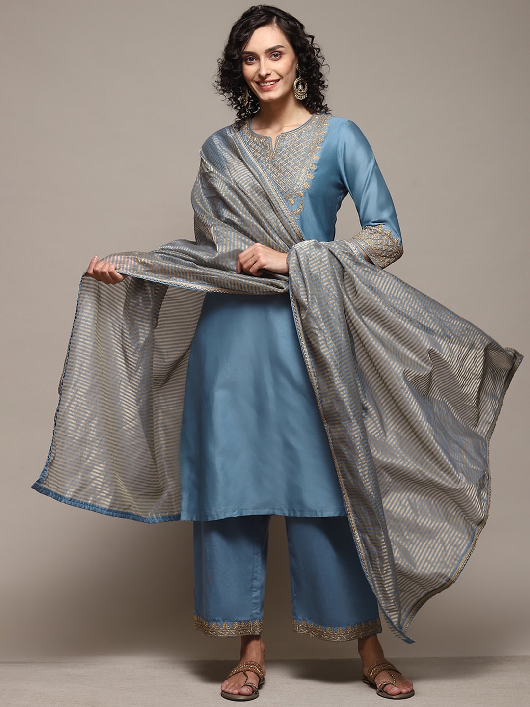 

Biba Ethnic Motifs Yoke Design Kurta With Palazzos & Dupatta, Blue