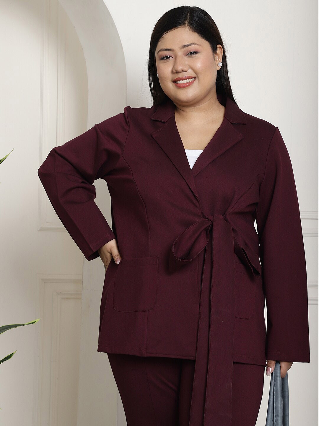 

theRebelinme Plus Size Lightweight Cotton Longline Open Front Jacket, Burgundy