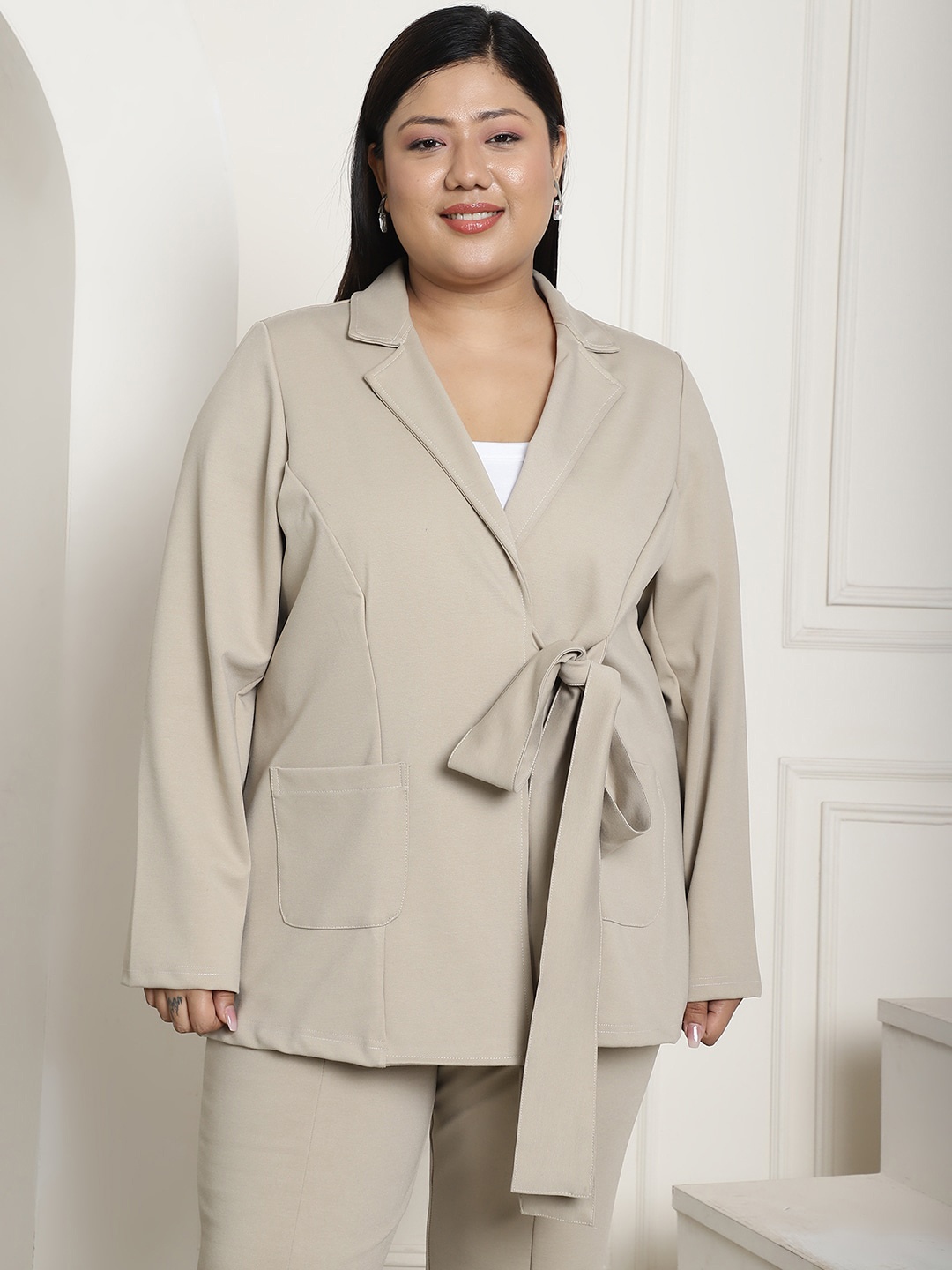 

theRebelinme Plus Size Lapel Collar Lightweight Longline Tailored Jacket, Beige