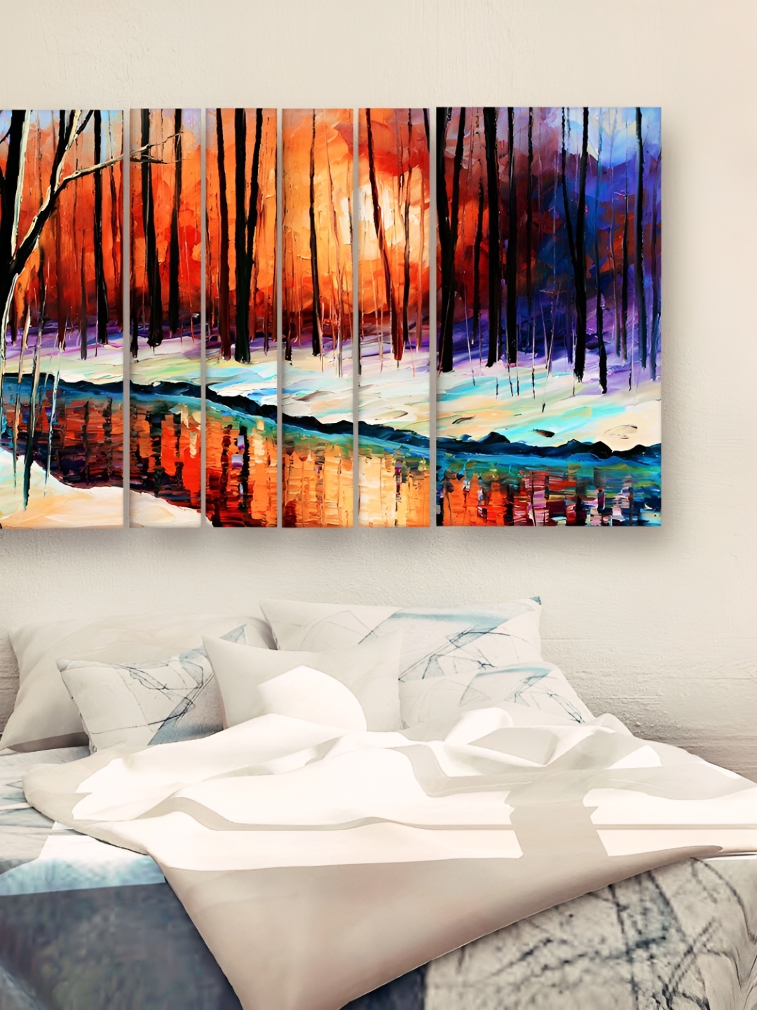 Casperme Orange & Blue 6 Pieces Modern Art Grill Frame Wooden Wall Painting