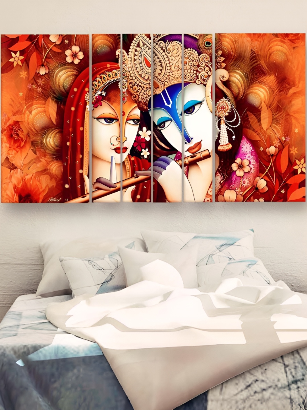 Casperme Red & Blue 6 Pieces Wooden Radha Krishna Painting Wall Arts