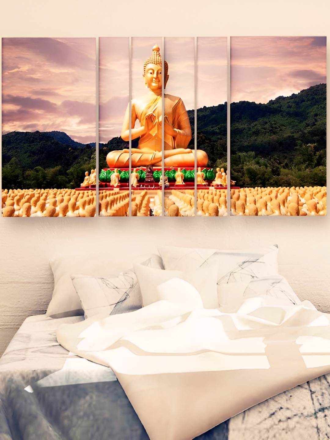 

Casperme Yellow & Green 6 Pcs Wooden Buddha Big Wall Art