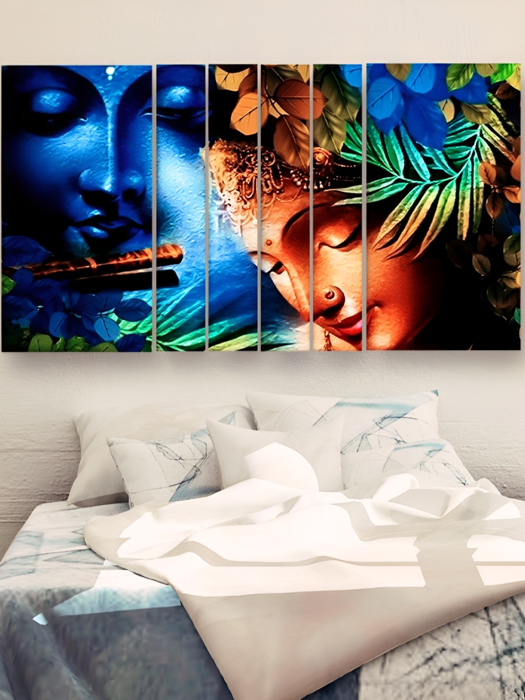 

Casperme Blue & Peach 6 Pieces Wooden Radha Krishna Wall Painting