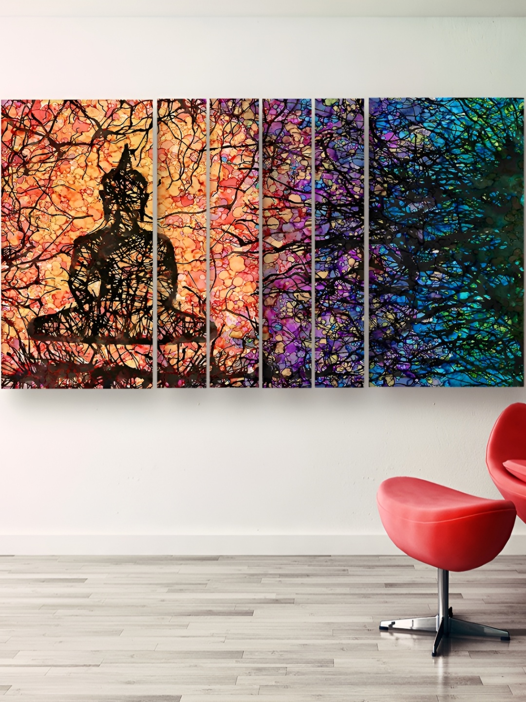 

Casperme Orange-Coloured 6 Pieces & Blue Buddha Wooden Painting Wall Arts