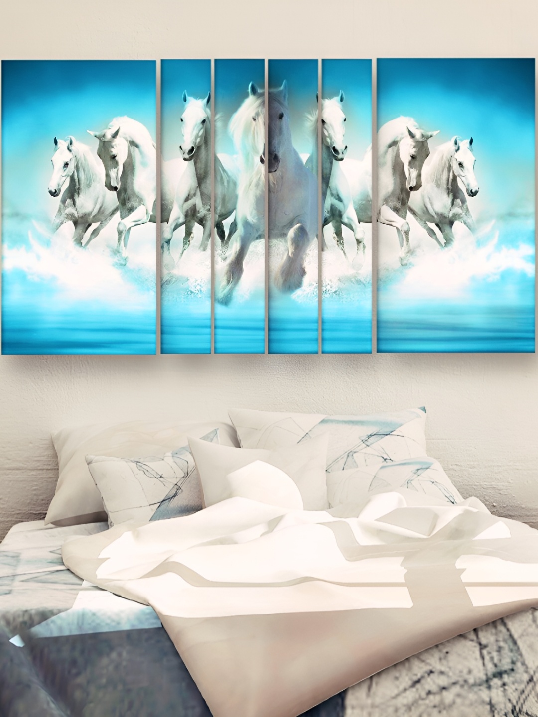 

Casperme Blue & White 6 Pieces Wooden Horses Wall Painting