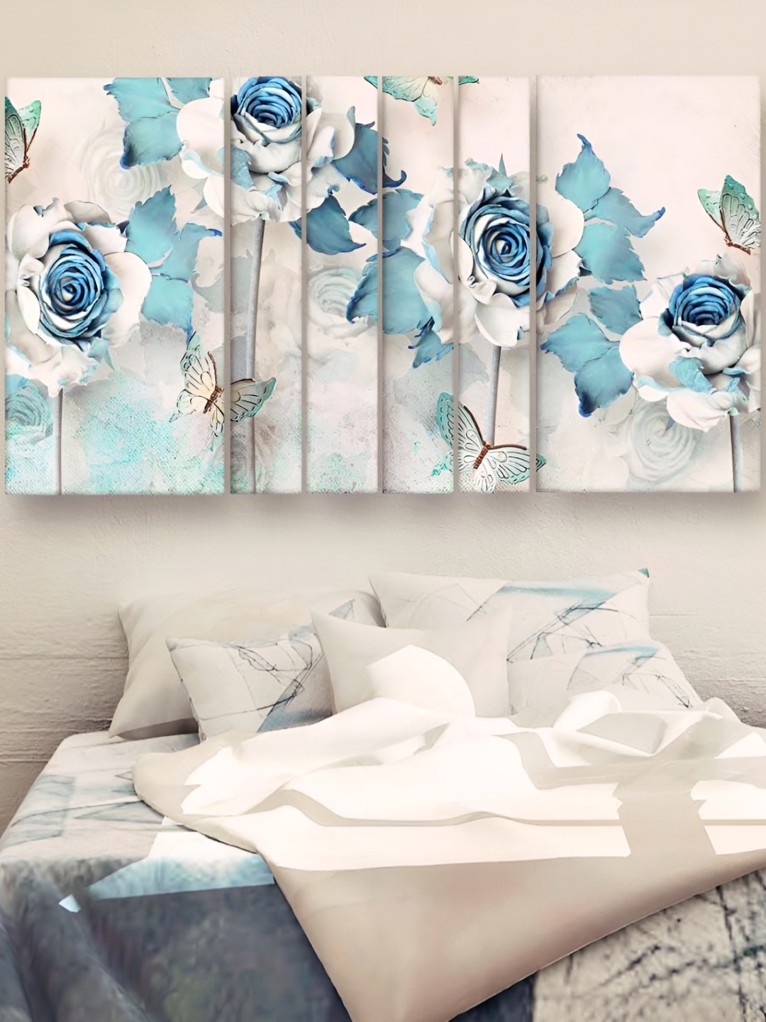 Casperme White & Blue 6 Pieces Floral Wooden Modern Painting Wall Arts