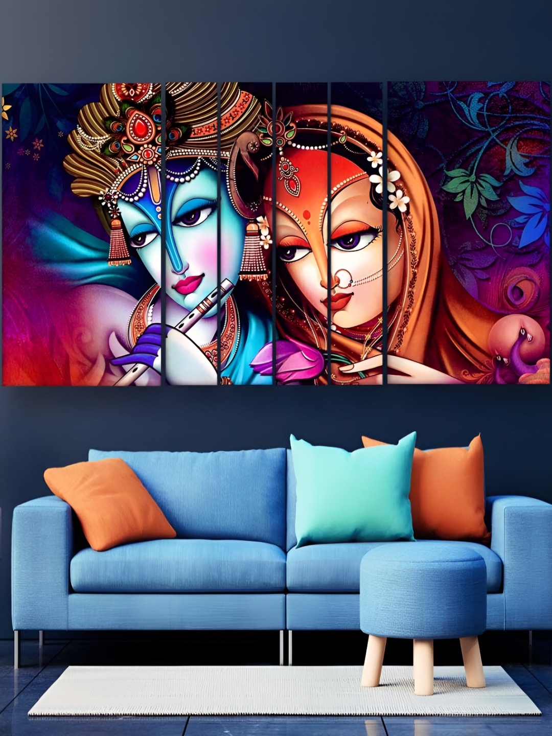 Casperme Red & Blue 6 Pieces Wooden Radha Krishna Painting Wall Arts