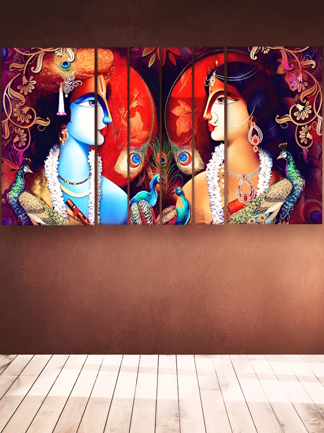 

Casperme Blue & Orange 6 Pieces Radha Krishna Wooden Painting Wall arts