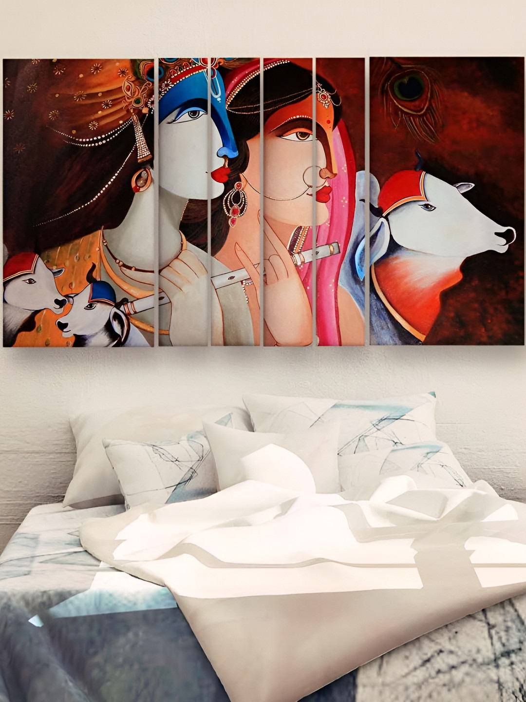 

Casperme Brown & White 6 Pieces Radha Krishna Wooden Painting Wall arts