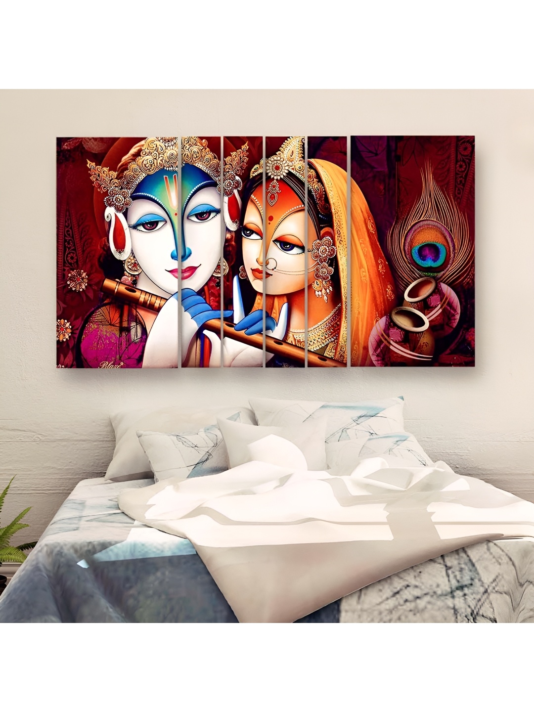 

Casperme Orange & White 6 Pieces Wooden Radha Krishna Painting Wall Arts