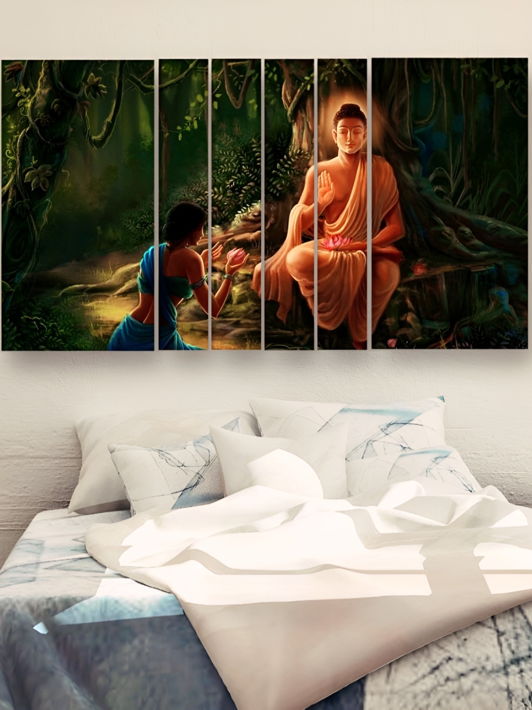 Casperme Black & Orange 6 Pieces Wooden Buddha Wall Paintings