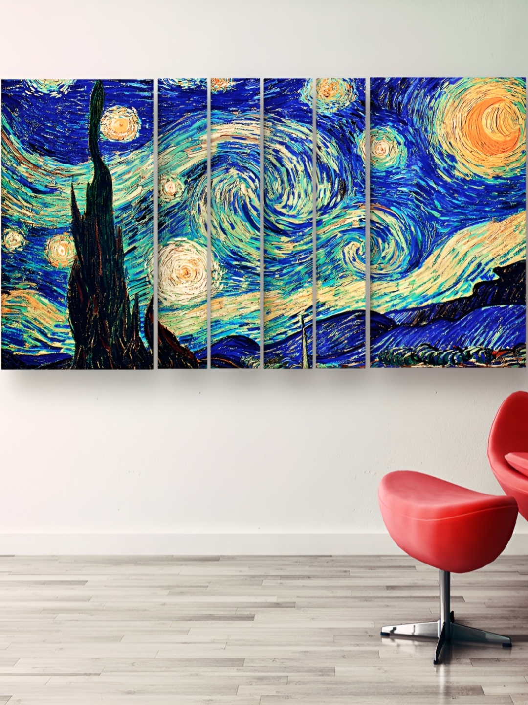 Casperme Blue & Orange 6 Pieces Wood Modern Art Wall Paintings