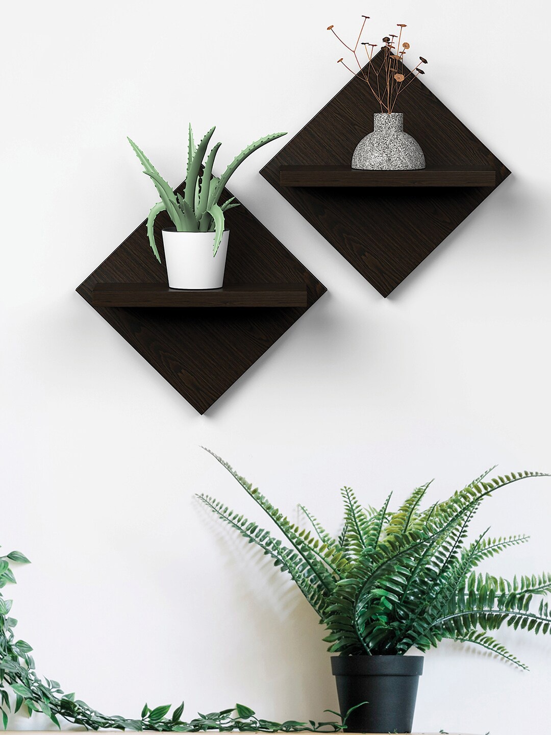 

RANDOM Brown 2 Pieces Textured Wooden Wall Shelves