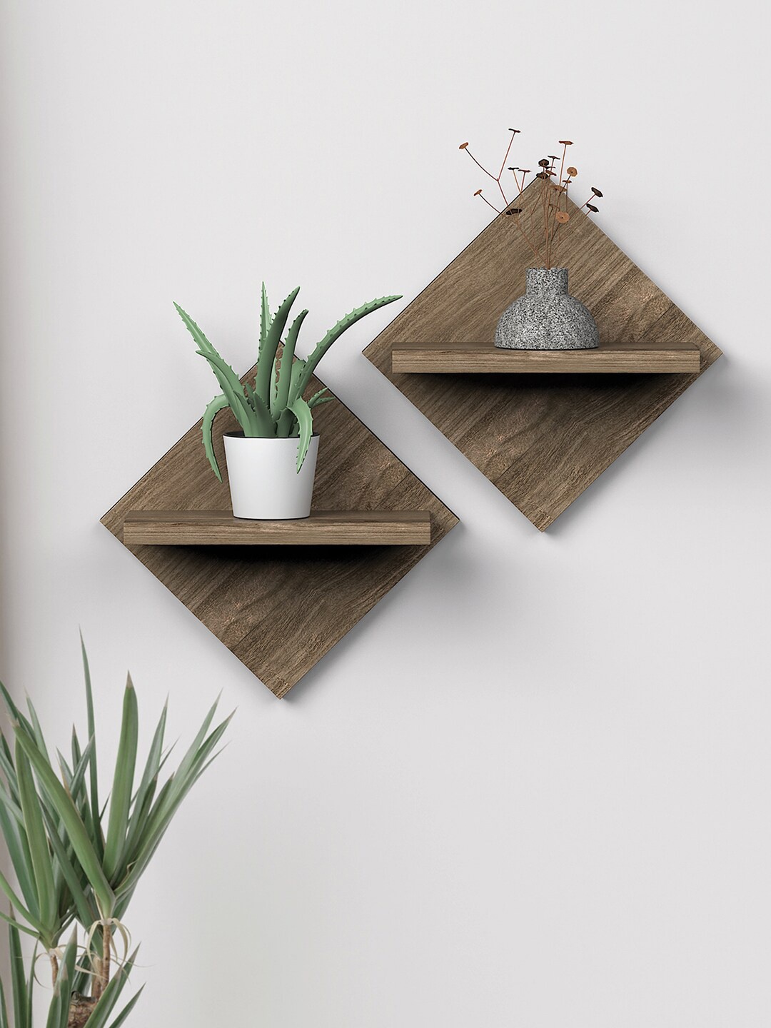 

RANDOM Brown 2 Pieces Textured Wooden Wall Shelves