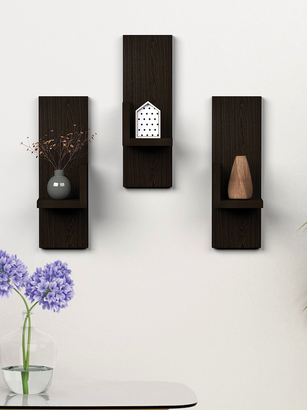 

RANDOM Brown 3 Pieces Textured Wooden Wall Shelves