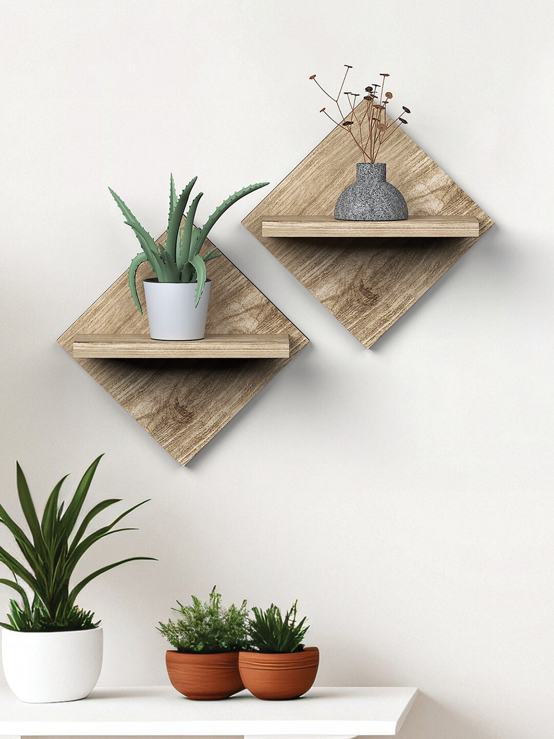 

RANDOM Brown 2 Pieces Textured Wooden Wall Shelves