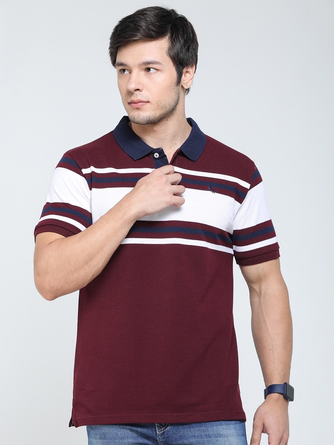 

TQS Horizontal Striped Polo Collar Pure Cotton T-shirt, Maroon