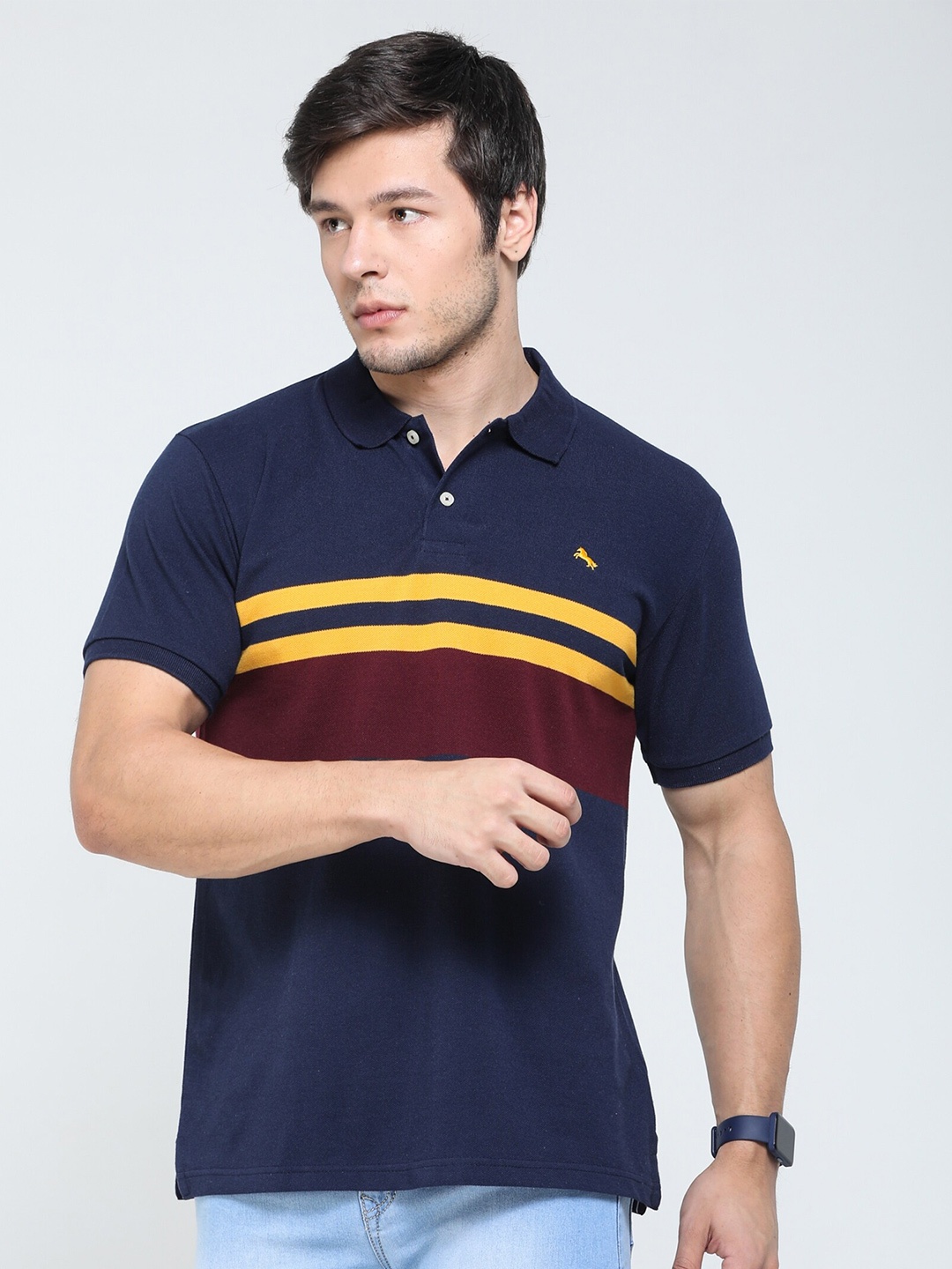 

TQS Horizontal Striped Polo Collar Pure Cotton T-shirt, Navy blue