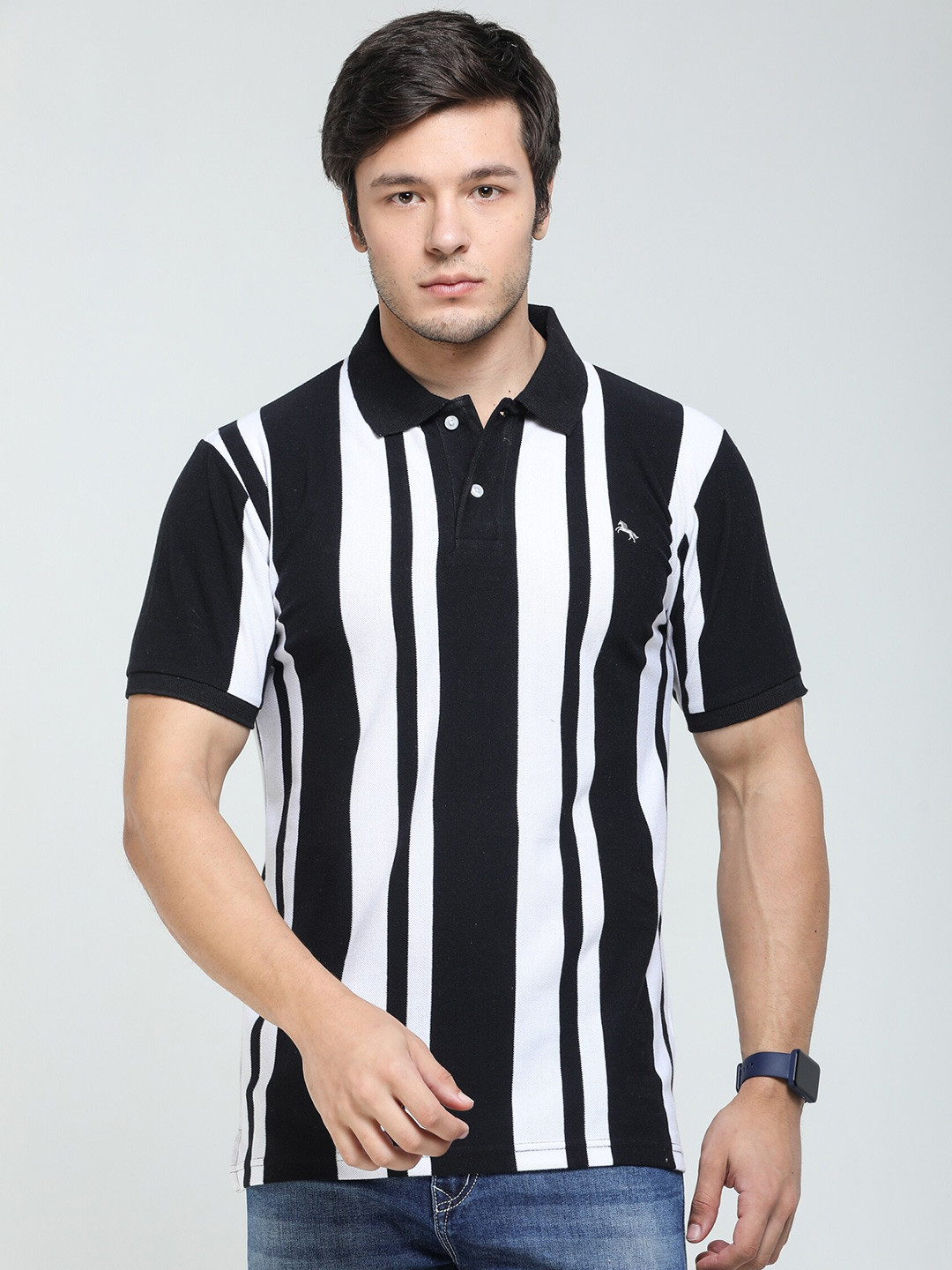 

TQS Striped Short Sleeves Polo Collar Pure Cotton T-shirt, Black