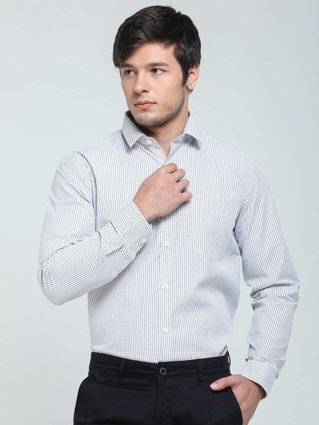 

TQS Grid Tattersall Checks Cotton Formal Shirt, Grey