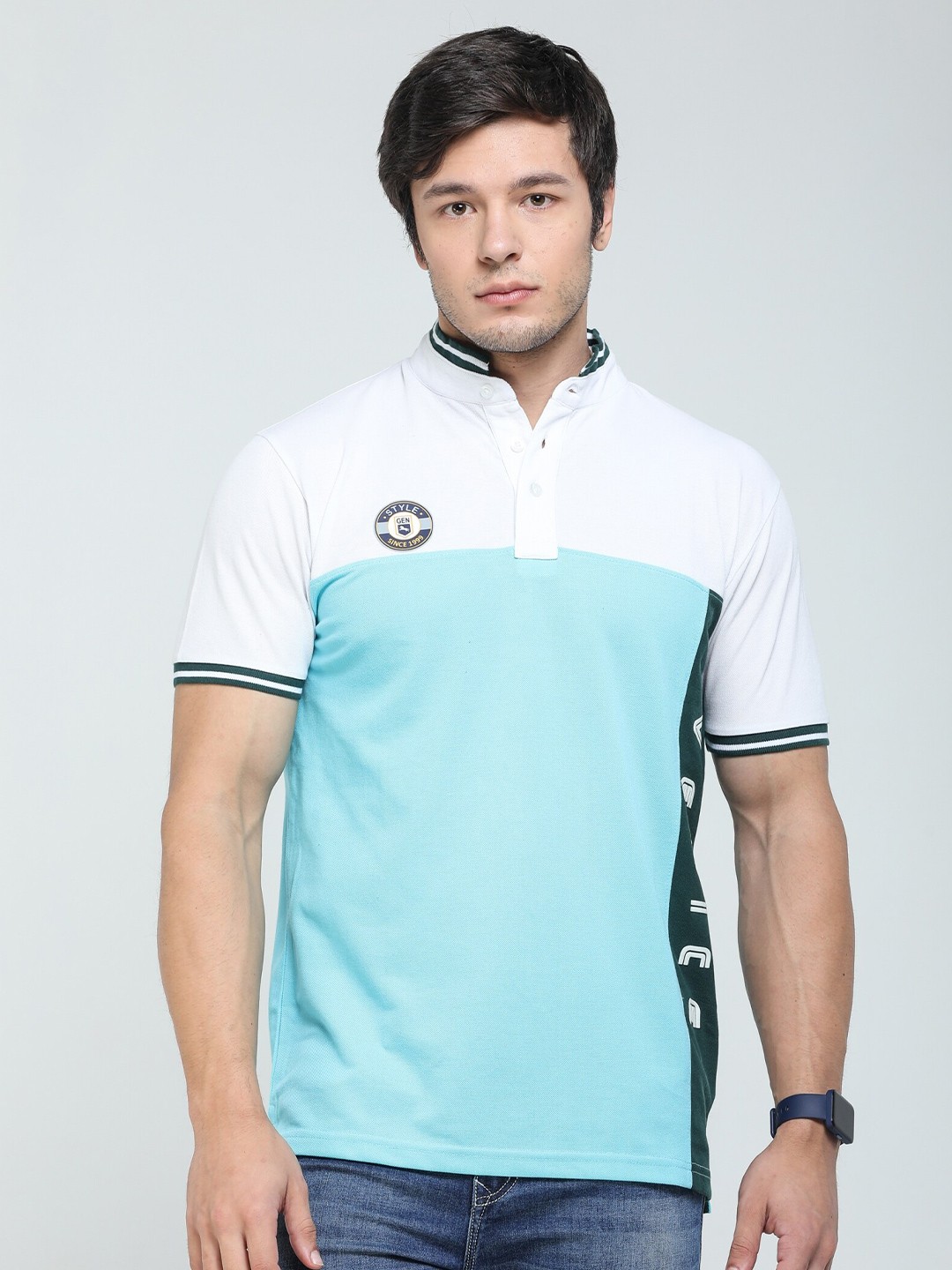 

TQS Colourblocked Mandarin Collar Pure Cotton T-shirt, Blue