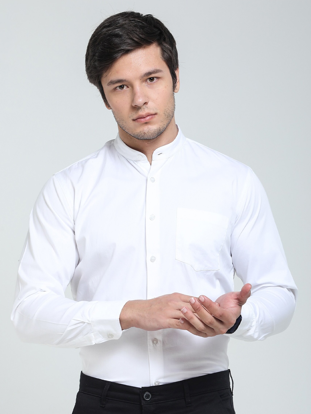 

TQS Mandarin Collar Cotton Formal Shirt, White