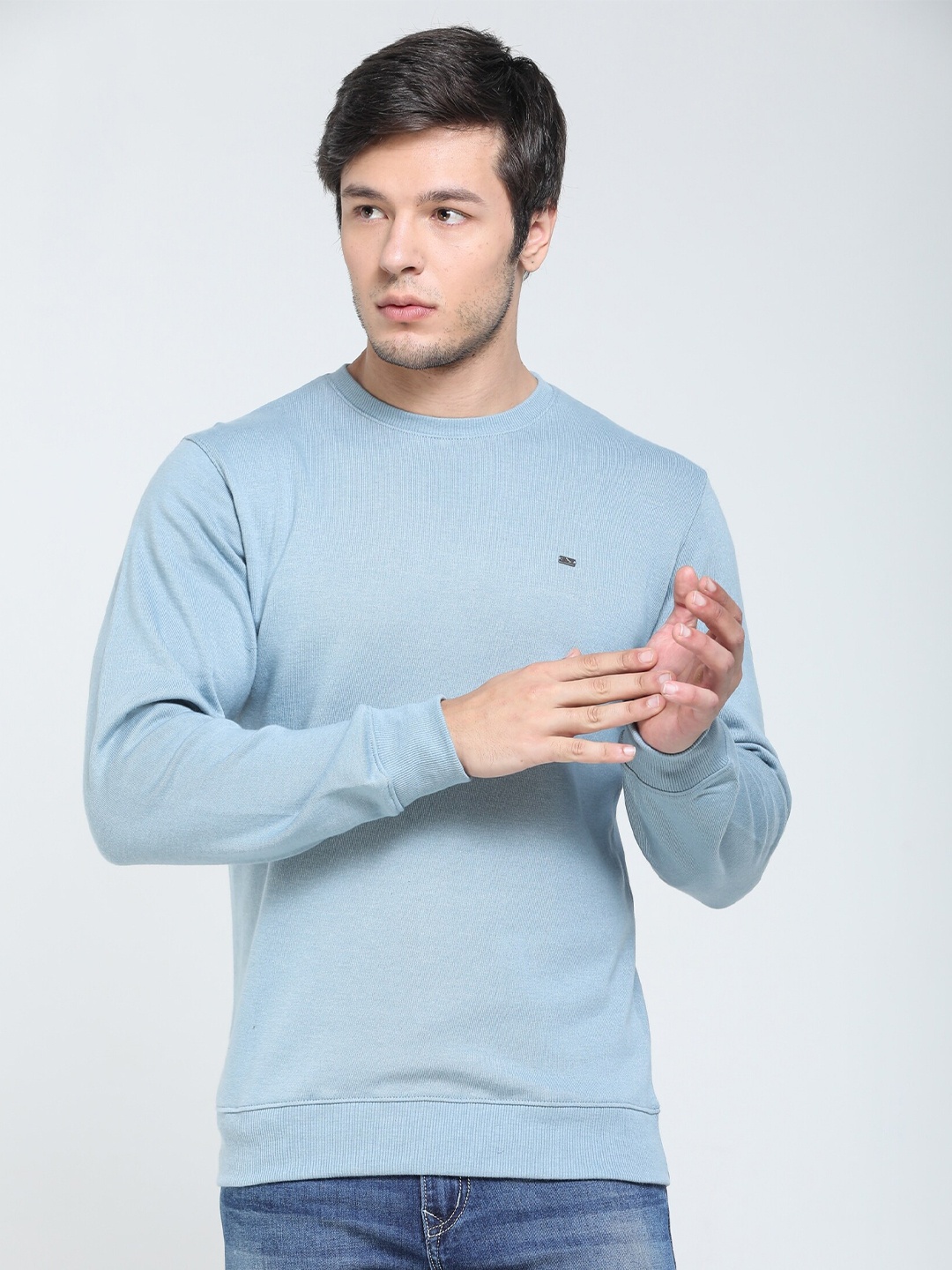 

TQS Solid Round Neck Pullover Sweater, Blue