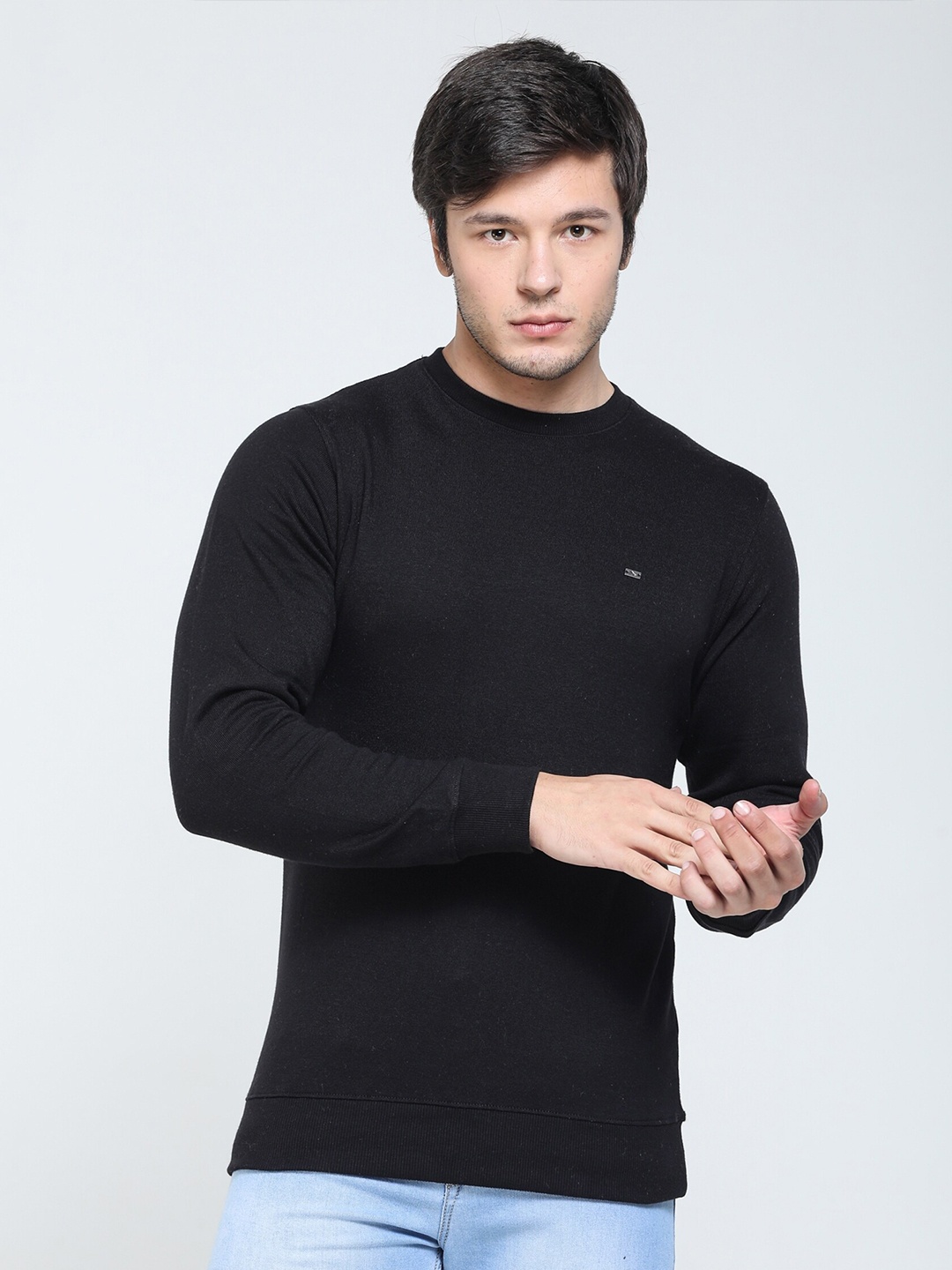 

TQS Solid Round Neck Pullover Sweater, Black