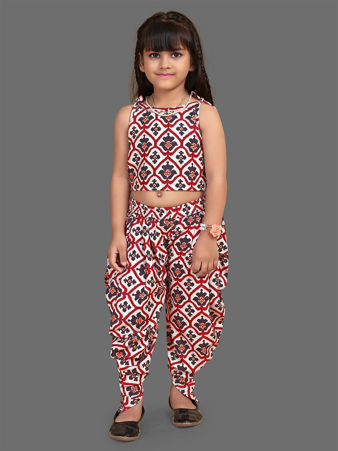 

BAESD Girls Printed Top with Dhoti Pants, Maroon