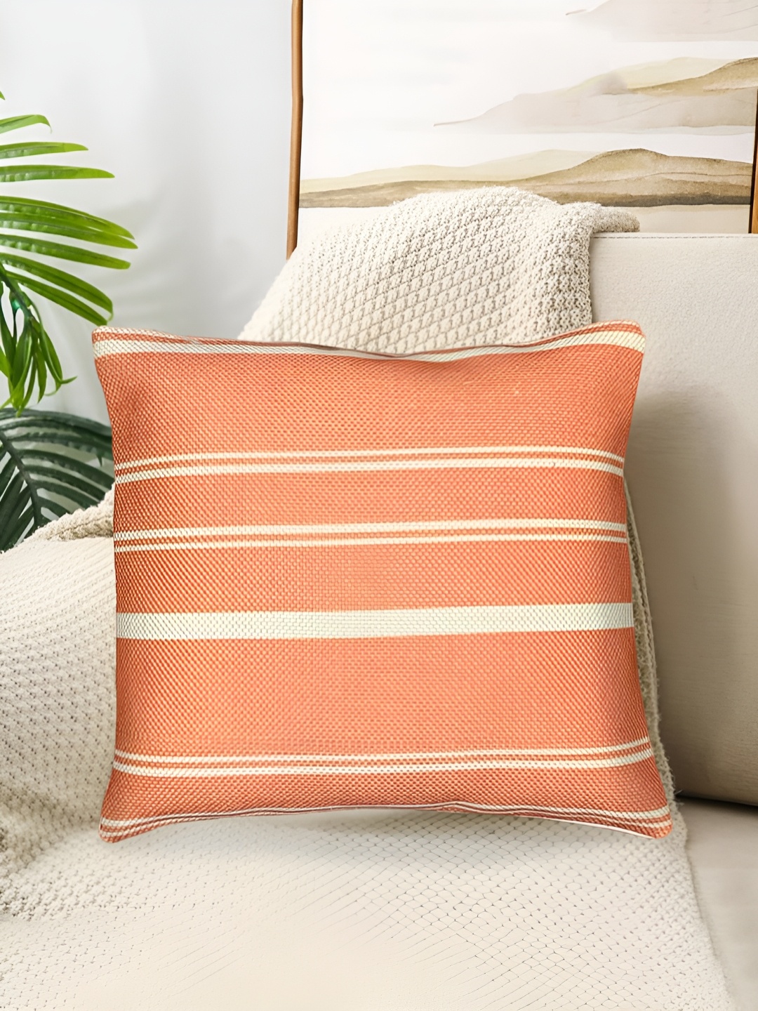 

SAJAVAT Orange Coloured & White Striped Square Breathable Cotton Cushion Cover