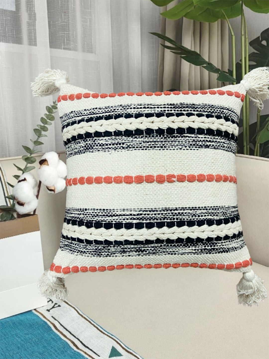 

SAJAVAT Off White & Orange Embroidered Square Sturdy Cotton Cushion Cover