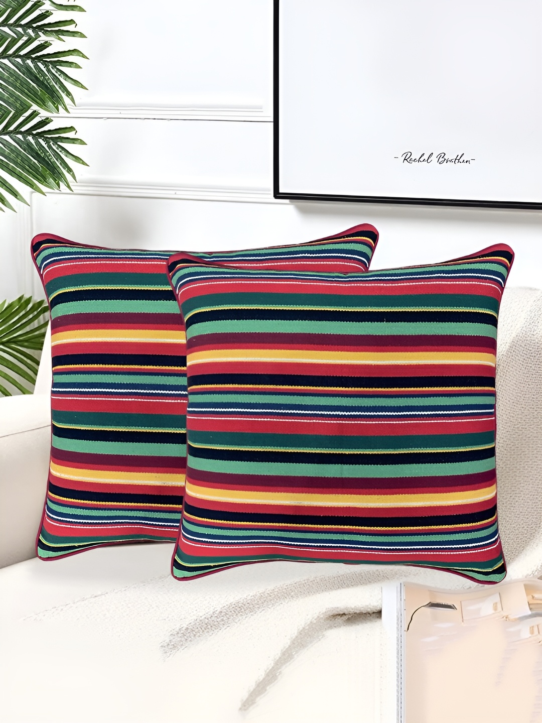 

SAJAVAT Red & Yellow 2 Pieces Striped Square Breathable Cotton Cushion Covers