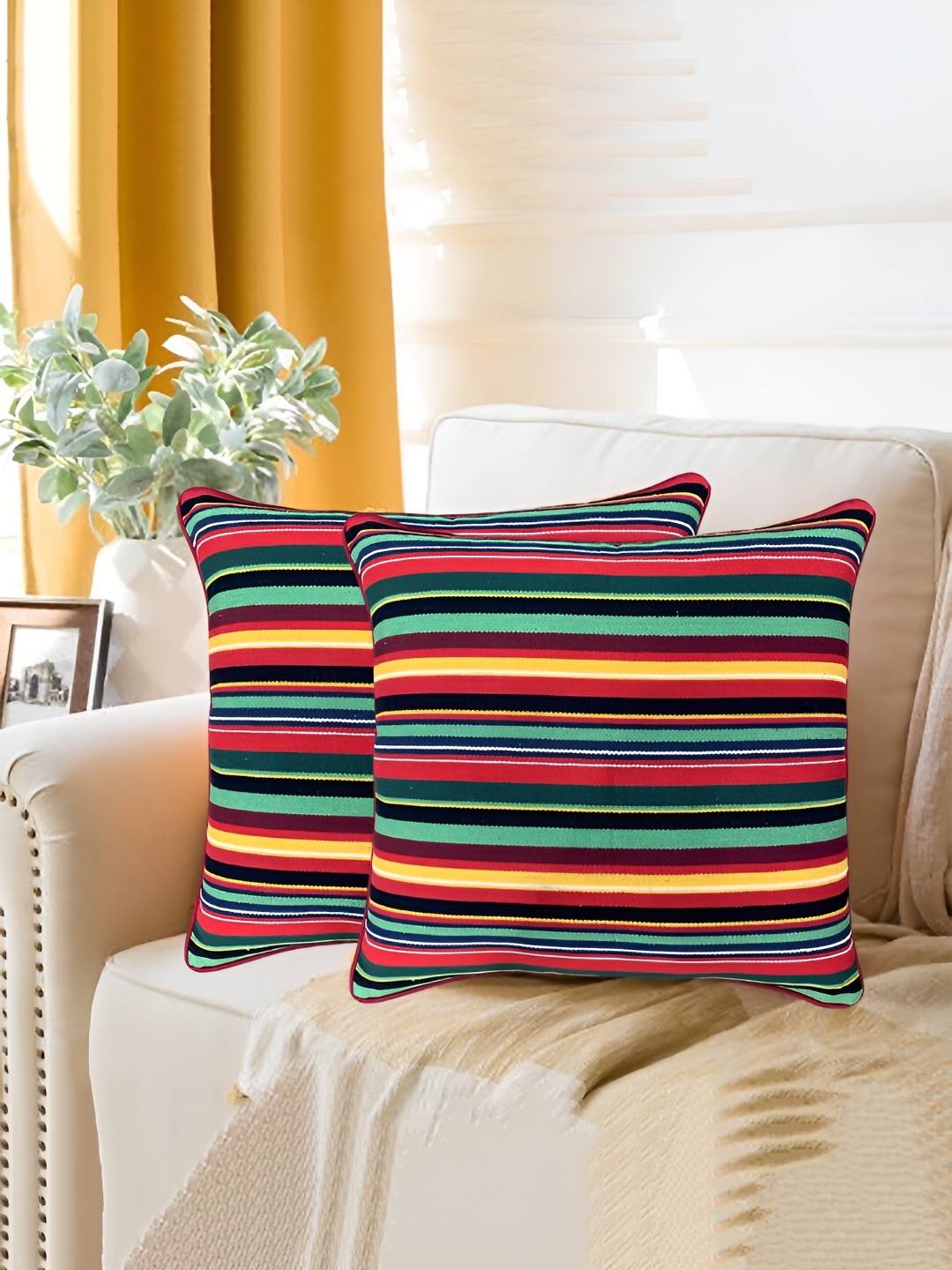 

SAJAVAT Red & Yellow 2 Pieces Striped Square Breathable Cotton Cushion Covers