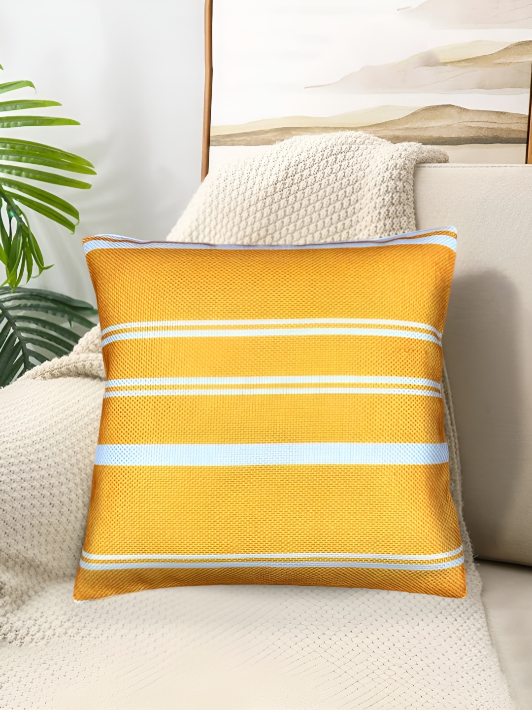

SAJAVAT Yellow & White Striped Square Breathable Cotton Cushion Cover