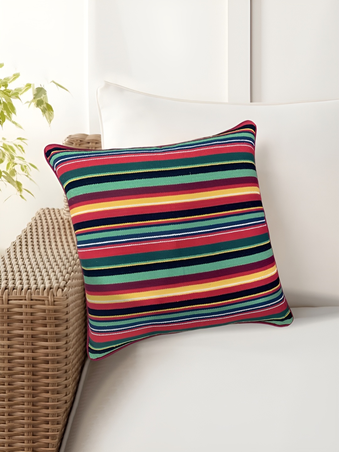 

SAJAVAT Red & Yellow Striped Square Breathable Cotton Cushion Cover