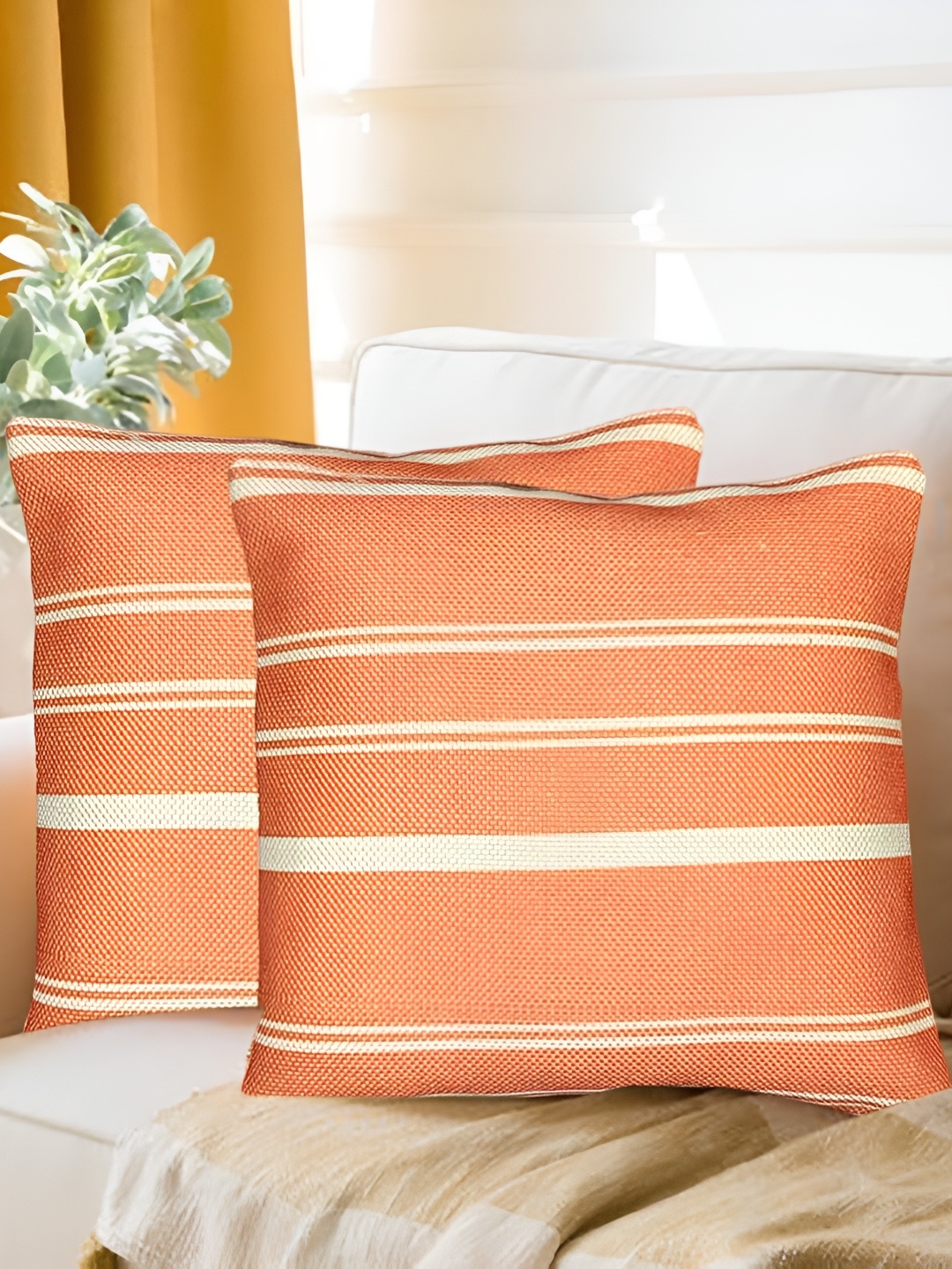 

SAJAVAT Orange Coloured & White 2 Pieces Striped Square Breathable Cotton Cushion Covers