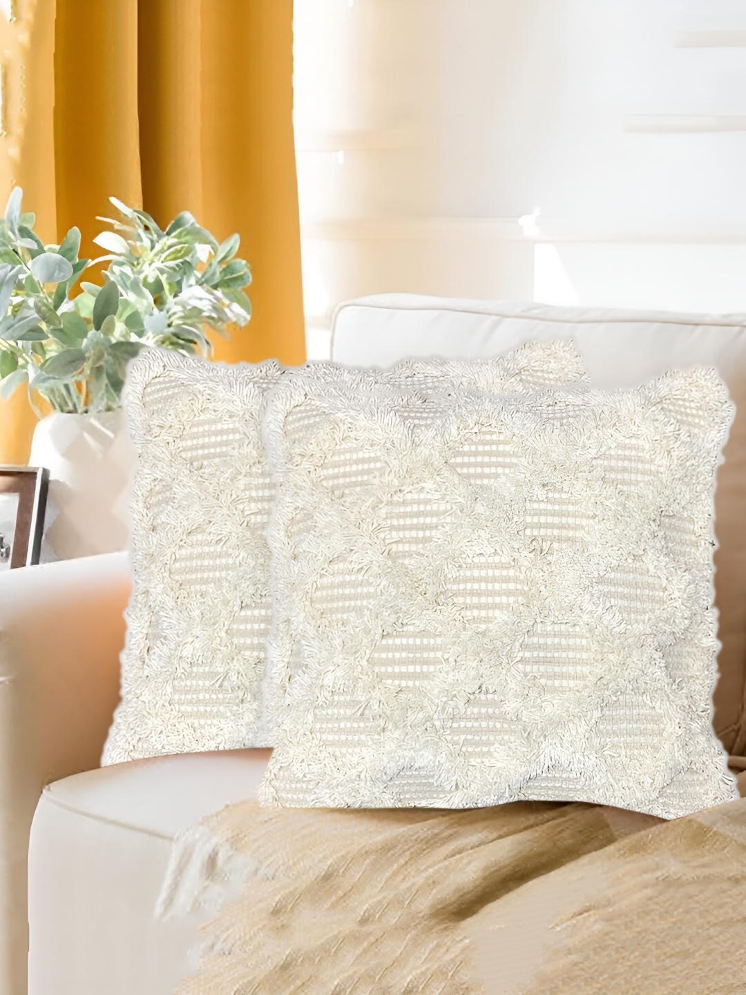 

SAJAVAT Cream-Coloured 2 Pieces Embroidered Square Cotton Cushion Covers