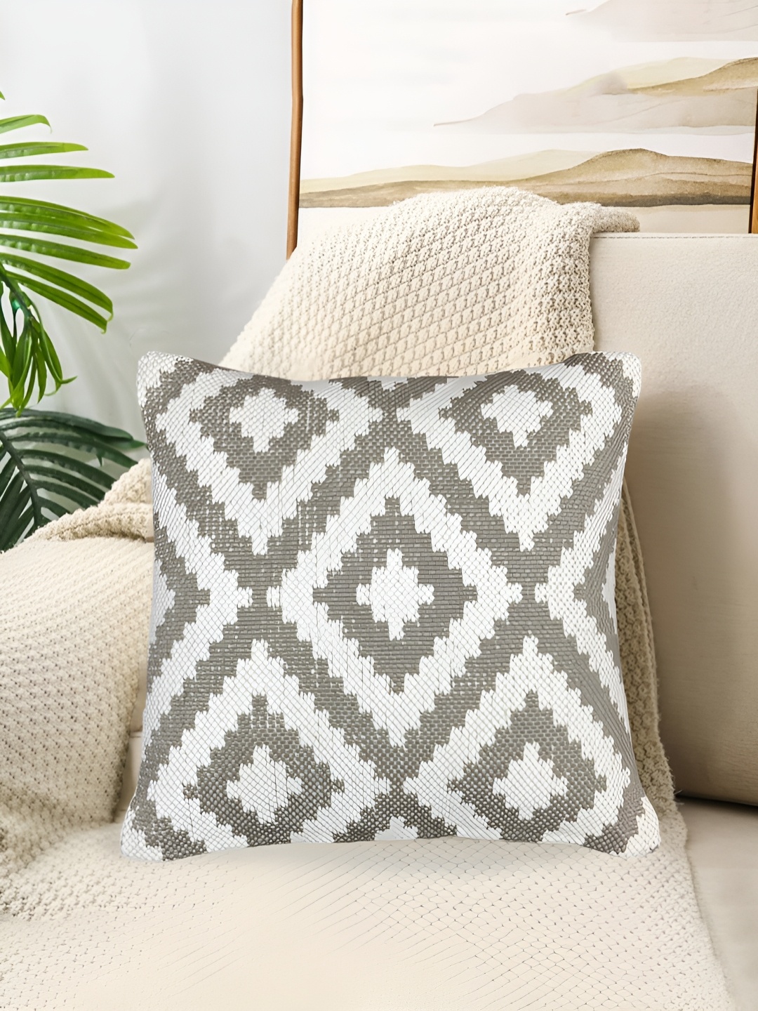 

SAJAVAT Green & White Geometric Cotton Anti-static Square Cushion Cover, Grey