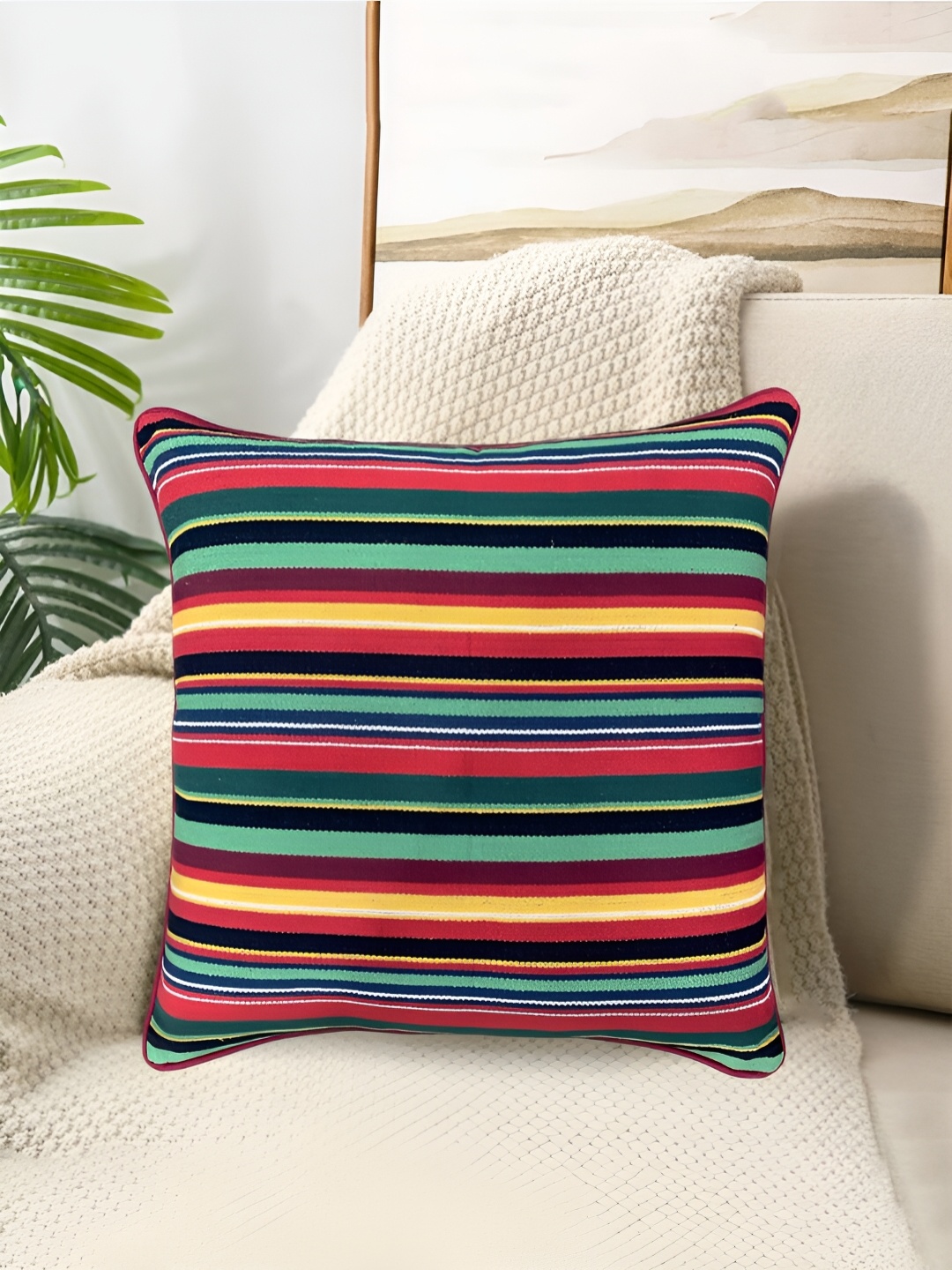 

SAJAVAT Red & Green Striped Cotton Anti-static Square Cushion Cover
