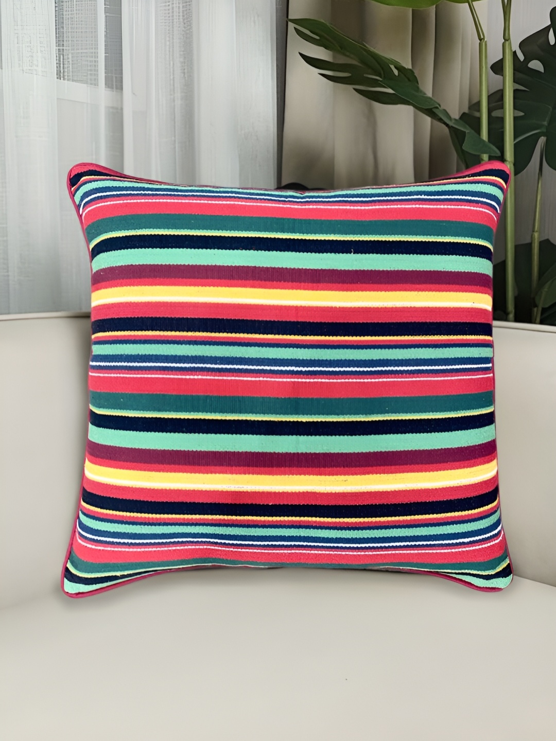 

SAJAVAT Red & Green Striped Cotton Anti-static Square Cushion Cover