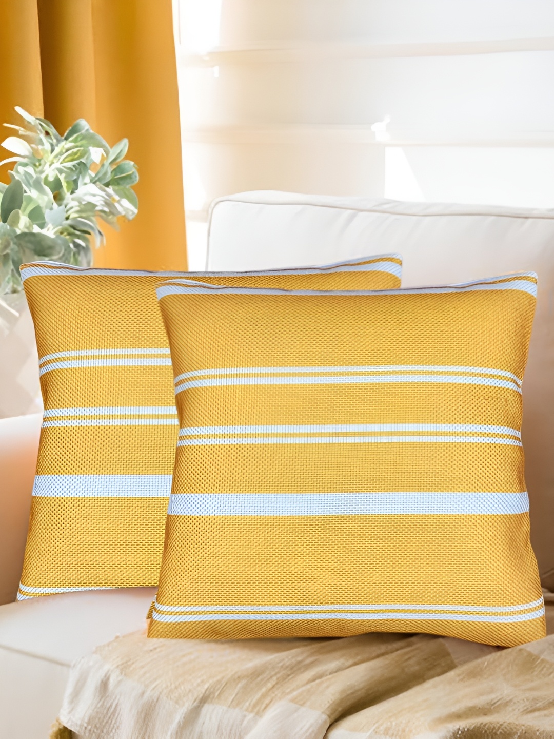 

SAJAVAT Yellow & White 2 Pieces Striped Cotton Anti-static Square Cushion Covers