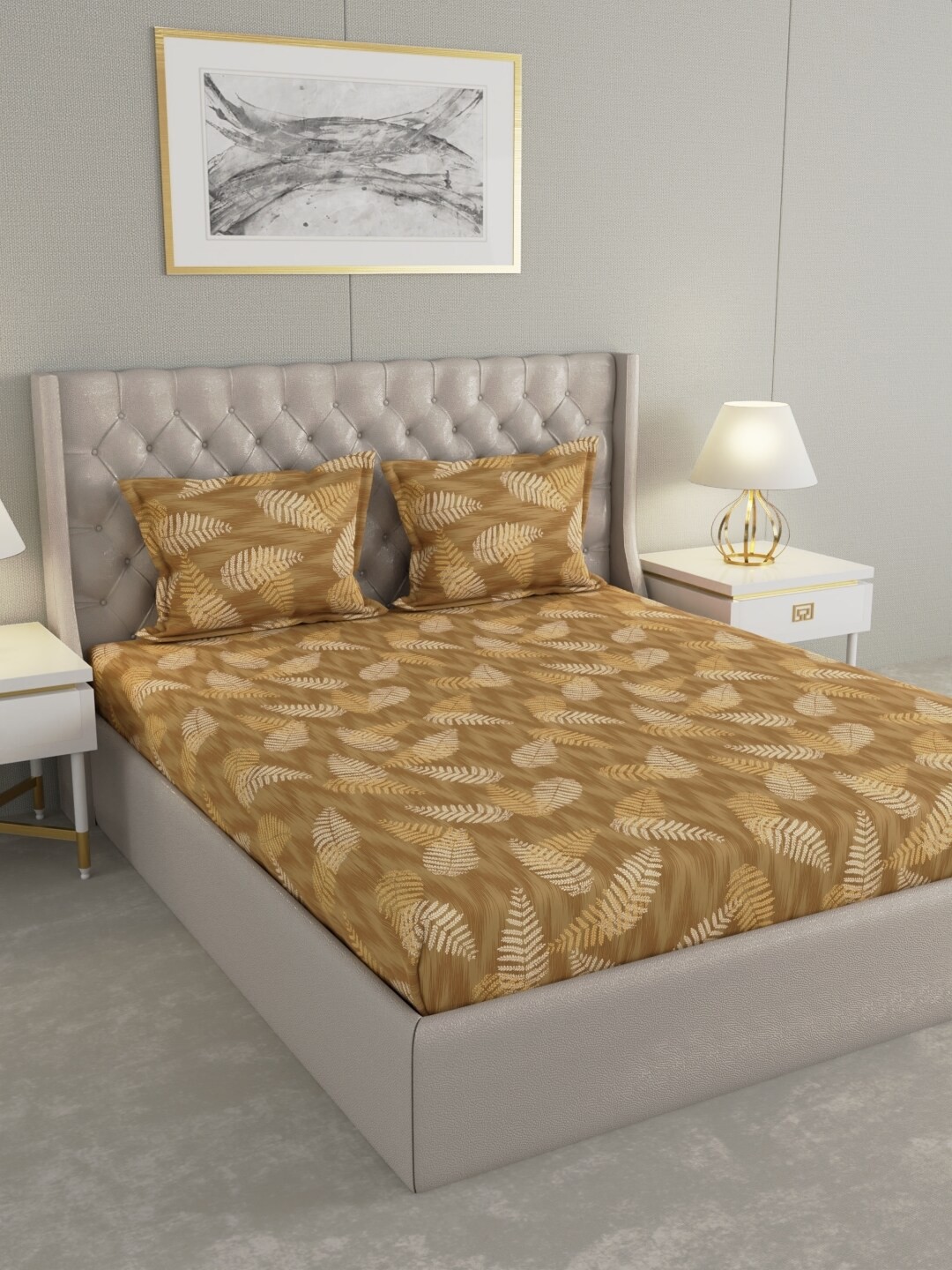 

Raymond Home Gold Toned & White Floral Cotton 104 TC Queen Bedsheet With 2 Pillow Covers