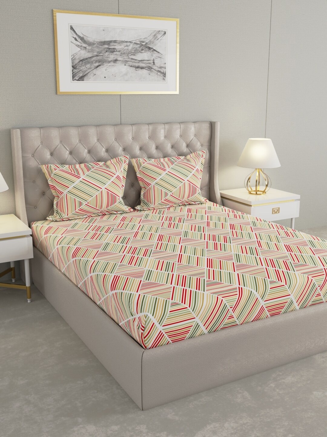 

Raymond Home Red & Green Geometric Cotton 104 TC Queen Bedsheet with 2 Pillow Covers