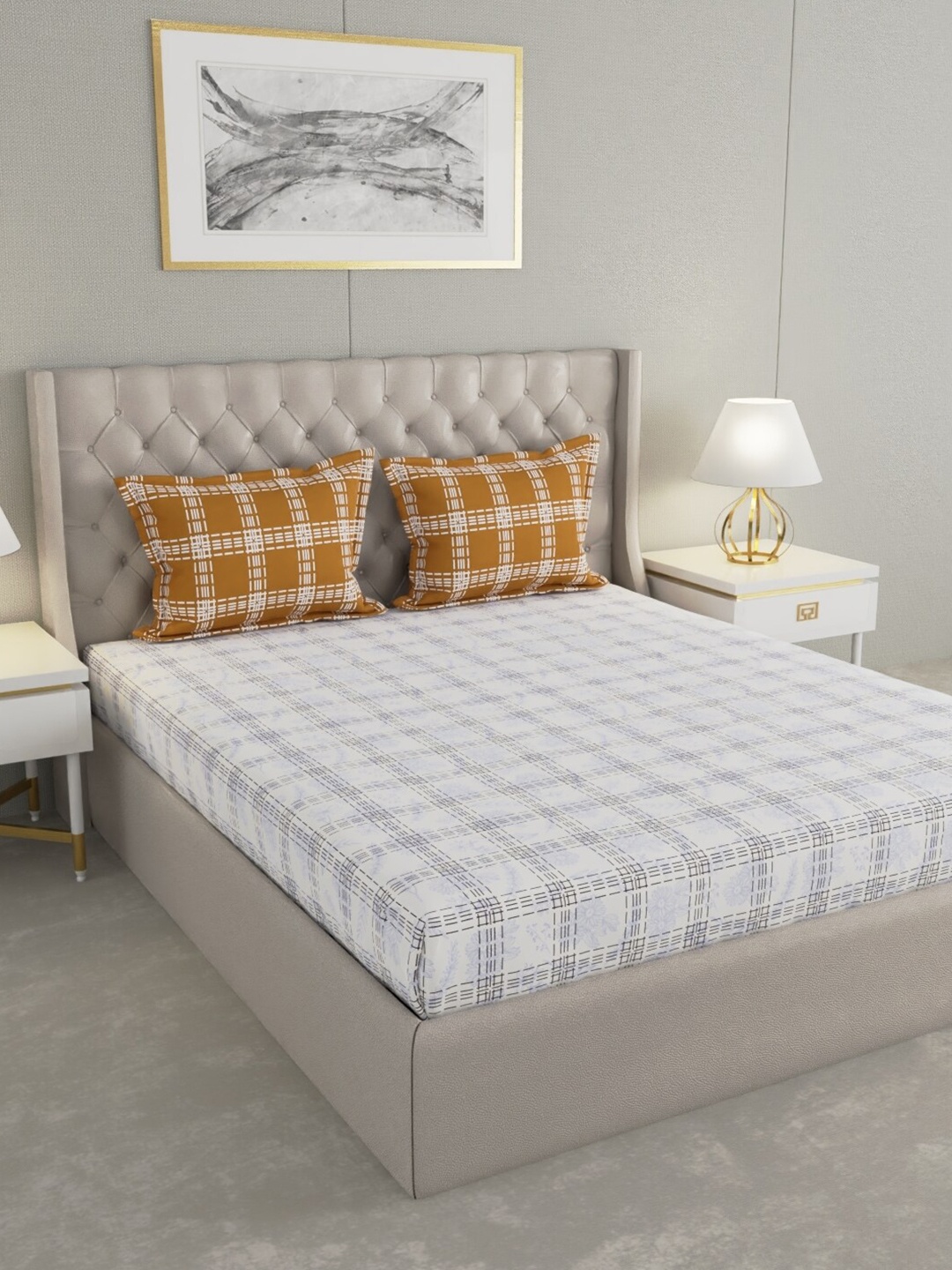 

Raymond Home White & Yellow Geometric Cotton 144 TC Queen Bedsheet With 2 Pillow Covers
