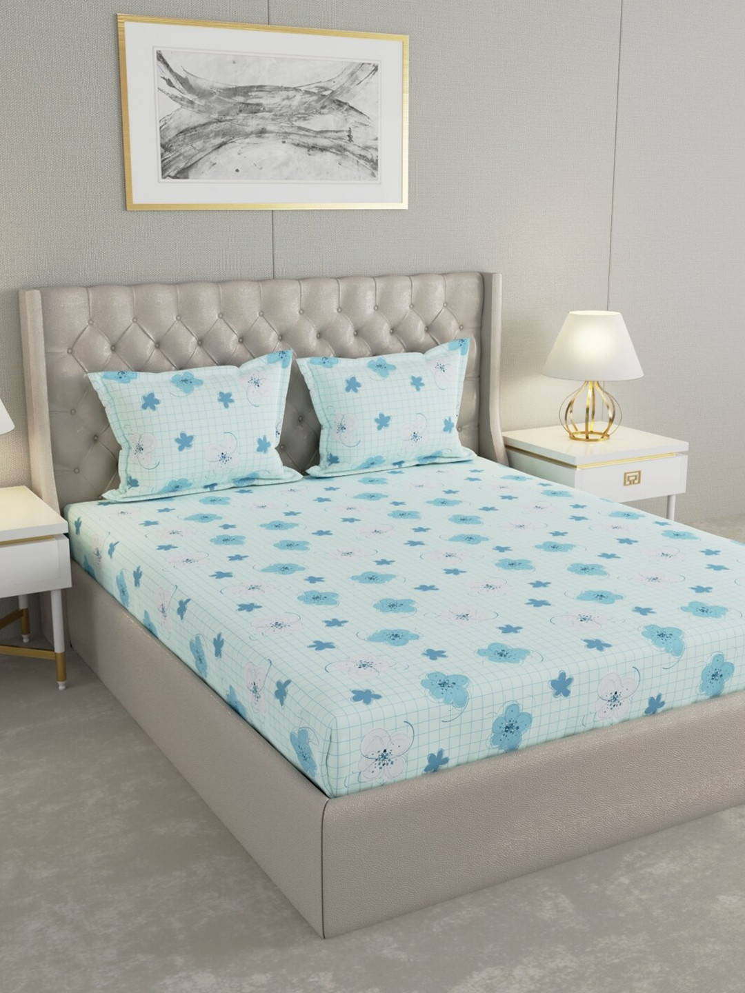 

Raymond Home Blue Floral Pure Cotton 104 TC Queen Bedsheet with 2 Pillow Covers
